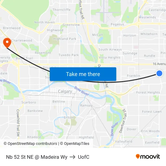 Nb 52 St NE @ Madeira Wy to UofC map