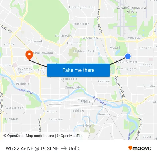 Wb 32 Av NE @ 19 St NE to UofC map