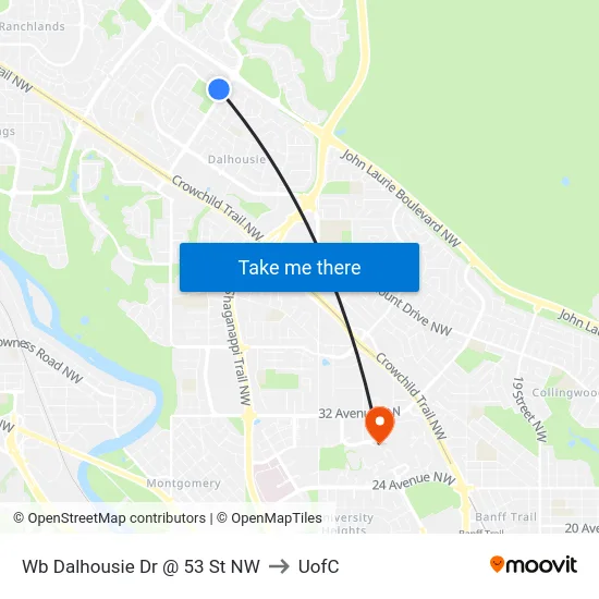 Wb Dalhousie Dr @ 53 St NW to UofC map