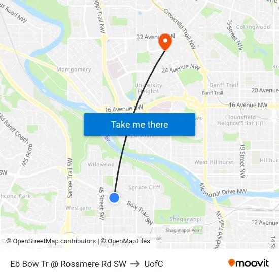 Eb Bow Tr @ Rossmere Rd SW to UofC map