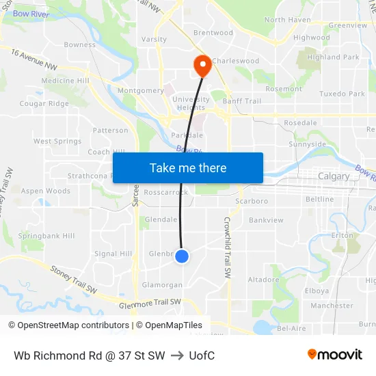 Wb Richmond Rd @ 37 St SW to UofC map