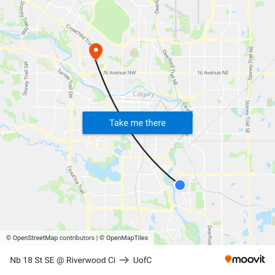 Nb 18 St SE @ Riverwood Ci to UofC map