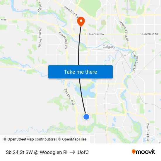 Sb 24 St SW @ Woodglen Ri to UofC map