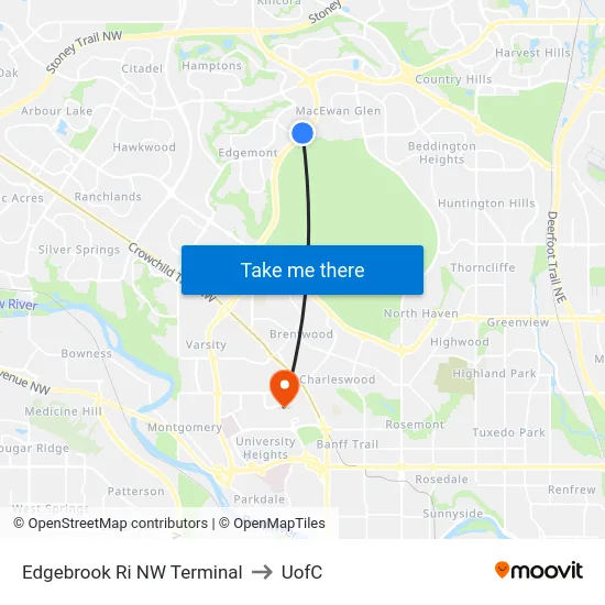 Edgebrook Ri NW Terminal to UofC map