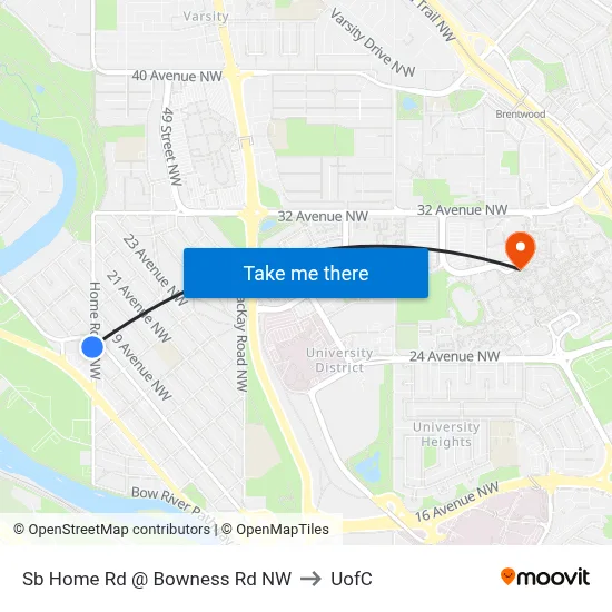 Sb Home Rd @ Bowness Rd NW to UofC map