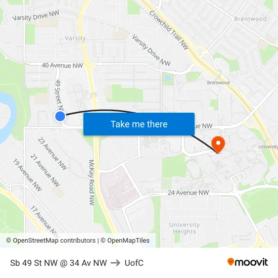 Sb 49 St NW @ 34 Av NW to UofC map