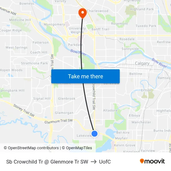 Sb Crowchild Tr @ Glenmore Tr SW to UofC map