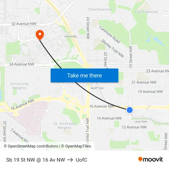 Sb 19 St NW @ 16 Av NW to UofC map