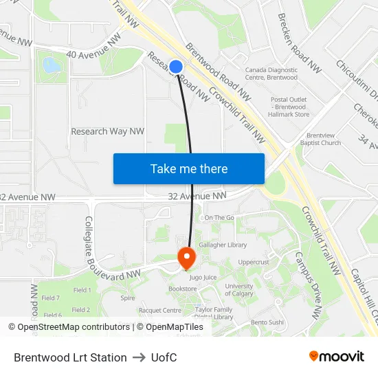 Brentwood Lrt Station to UofC map