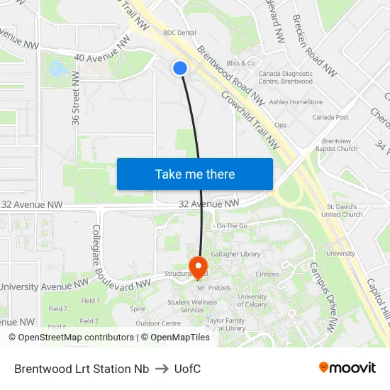 Brentwood Lrt Station Nb to UofC map