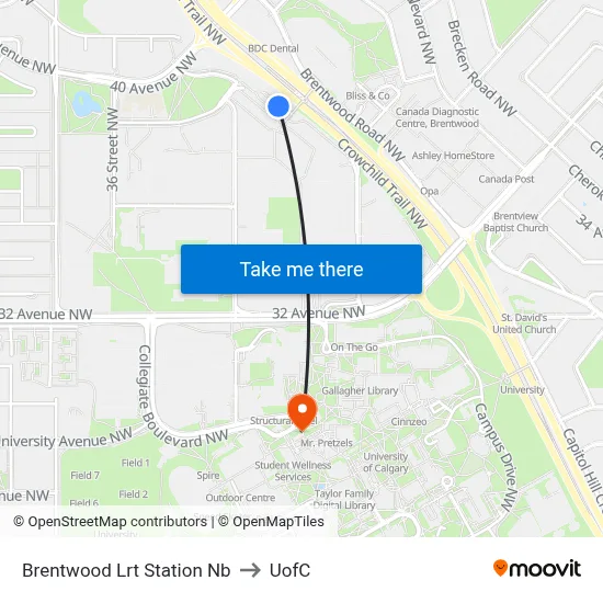 Brentwood Lrt Station Nb to UofC map