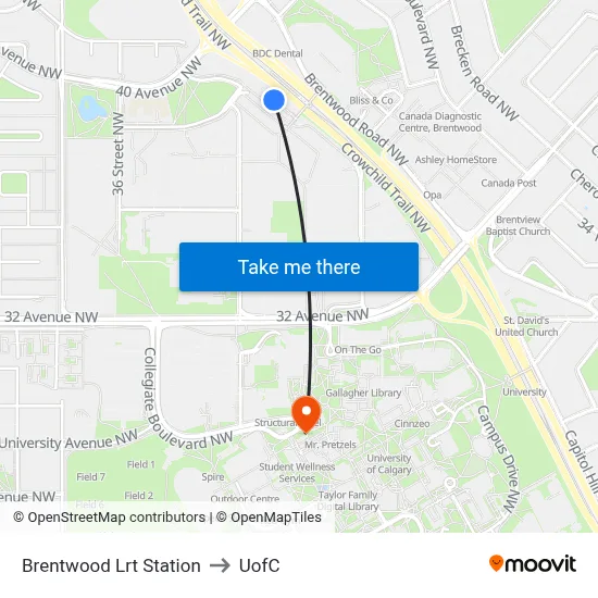 Brentwood Lrt Station to UofC map