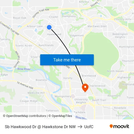 Sb Hawkwood Dr @ Hawkstone Dr NW to UofC map