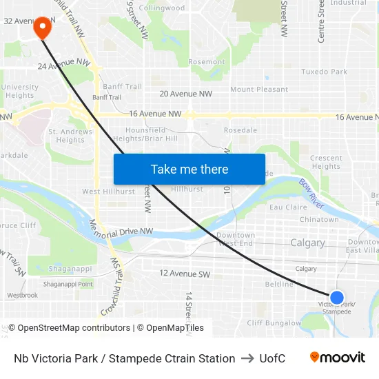 Nb Victoria Park / Stampede Ctrain Station to UofC map