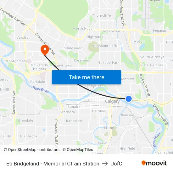 Eb Bridgeland - Memorial Ctrain Station to UofC map