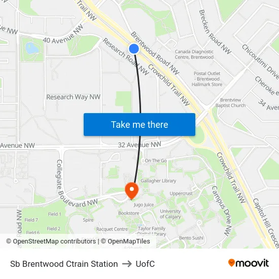Sb Brentwood Ctrain Station to UofC map