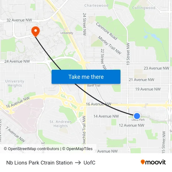 Nb Lions Park Ctrain Station to UofC map