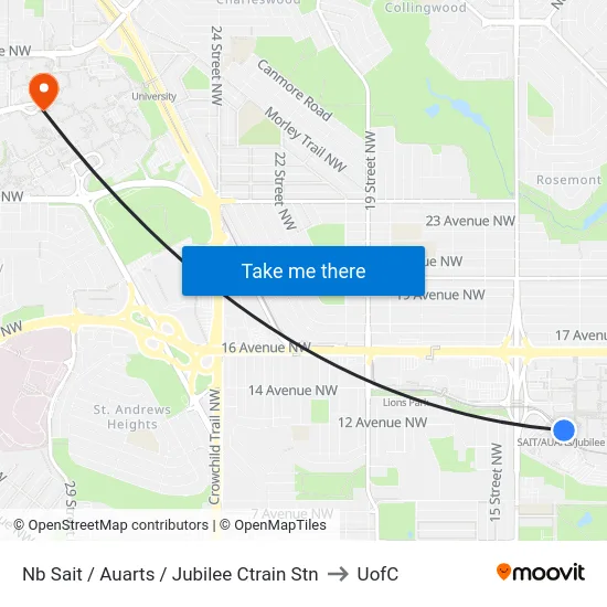 Nb Sait / Auarts / Jubilee Ctrain Stn to UofC map