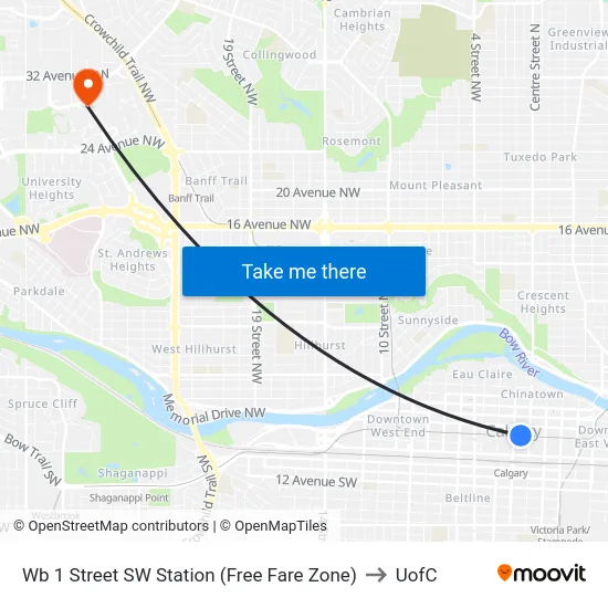 Wb 1 Street SW Station (Free Fare Zone) to UofC map