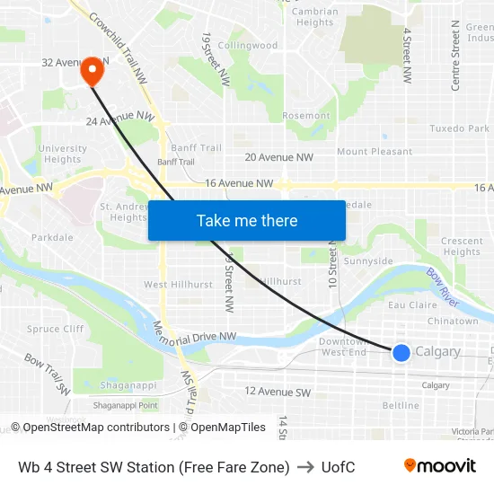 Wb 4 Street SW Station (Free Fare Zone) to UofC map
