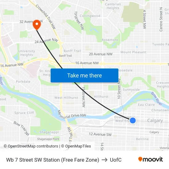 Wb 7 Street SW Station (Free Fare Zone) to UofC map