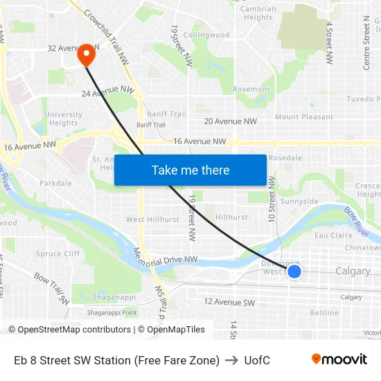 Eb 8 Street SW Station (Free Fare Zone) to UofC map