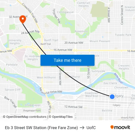 Eb 3 Street SW Station (Free Fare Zone) to UofC map