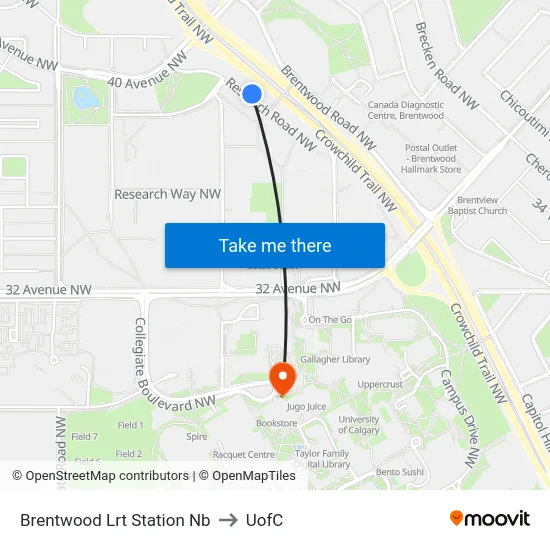 Brentwood Lrt Station Nb to UofC map