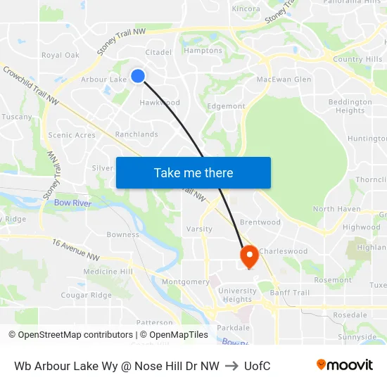 Wb Arbour Lake Wy @ Nose Hill Dr NW to UofC map