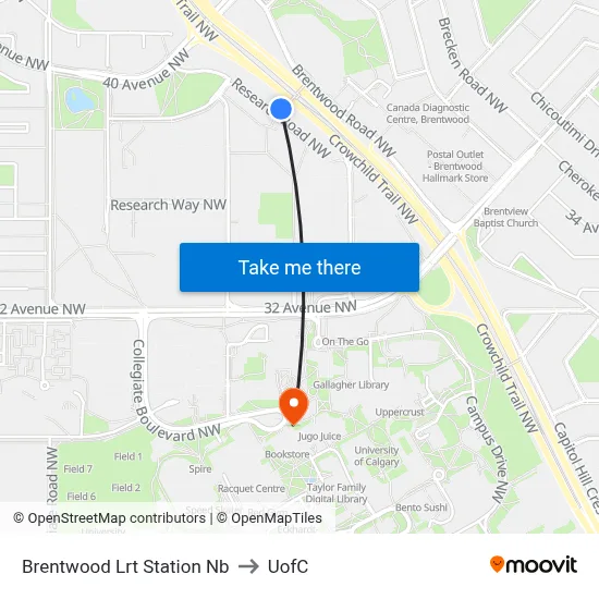 Brentwood Lrt Station Nb to UofC map