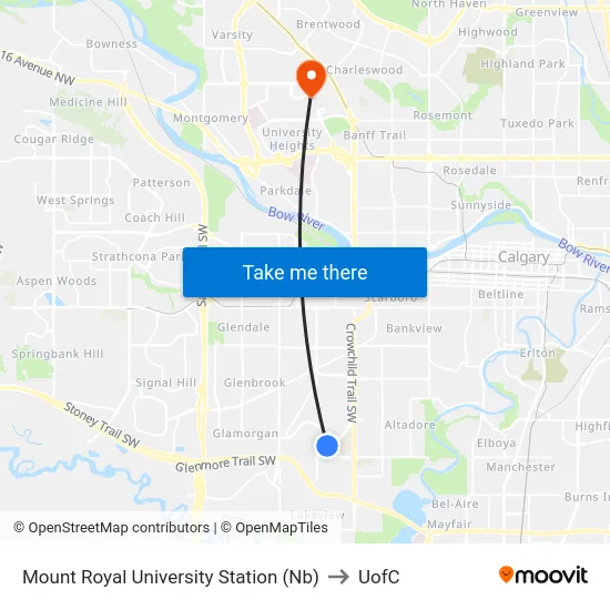Mount Royal University Station (Nb) to UofC map