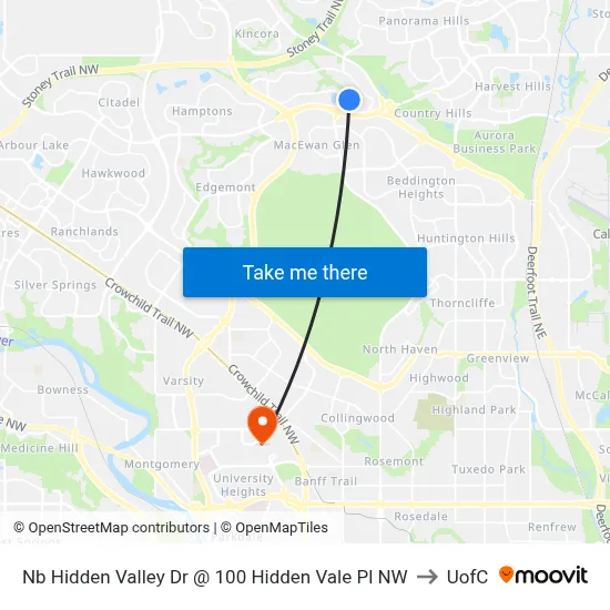 Nb Hidden Valley Dr @ 100 Hidden Vale Pl NW to UofC map