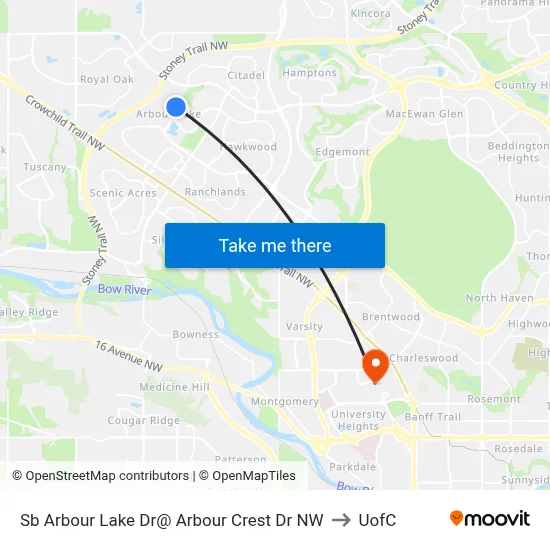 Sb Arbour Lake Dr@ Arbour Crest Dr NW to UofC map