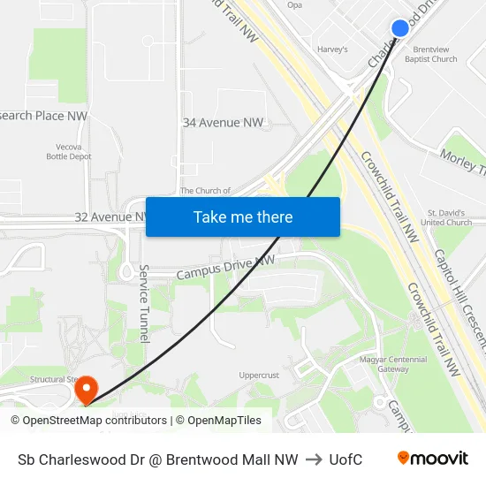Sb Charleswood Dr @ Brentwood Mall NW to UofC map