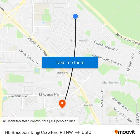 Nb Brisebois Dr @ Crawford Rd NW to UofC map