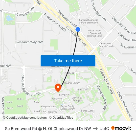 Sb Brentwood Rd @ N. Of Charleswood Dr NW to UofC map