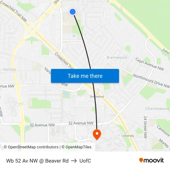 Wb 52 Av NW @ Beaver Rd to UofC map