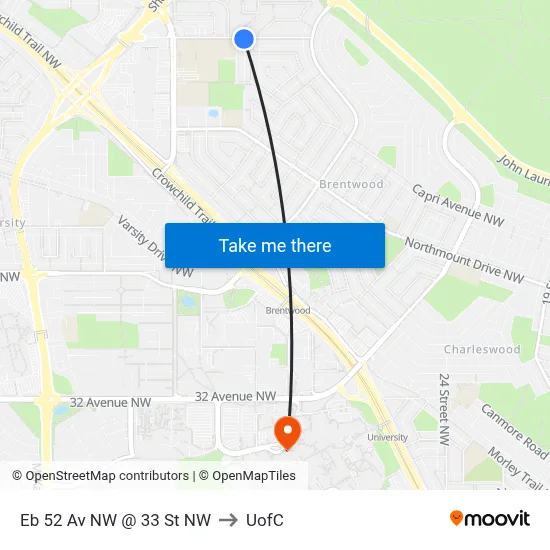 Eb 52 Av NW @ 33 St NW to UofC map