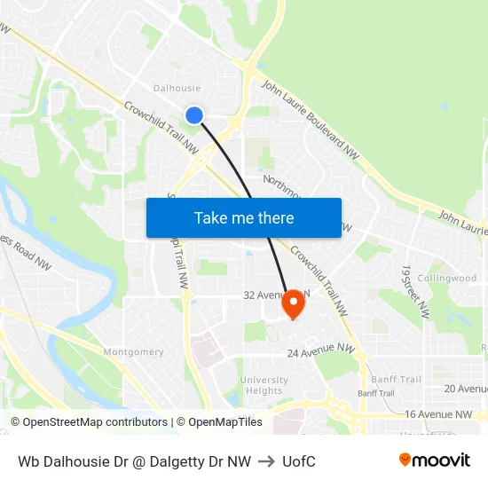 Wb Dalhousie Dr @ Dalgetty Dr NW to UofC map