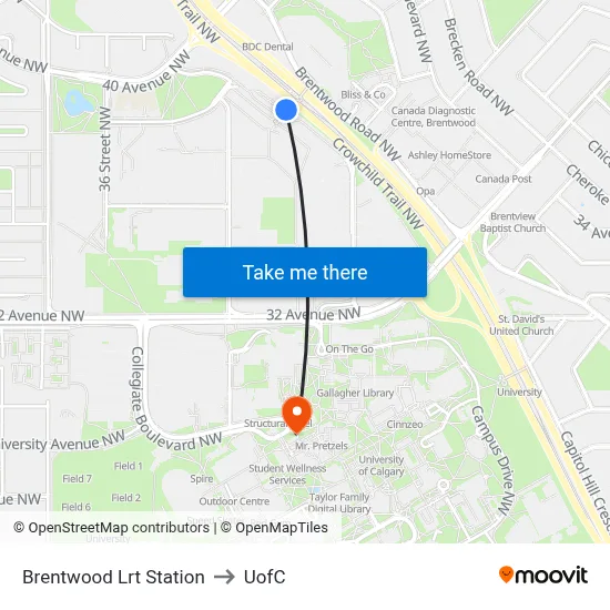 Brentwood Lrt Station to UofC map