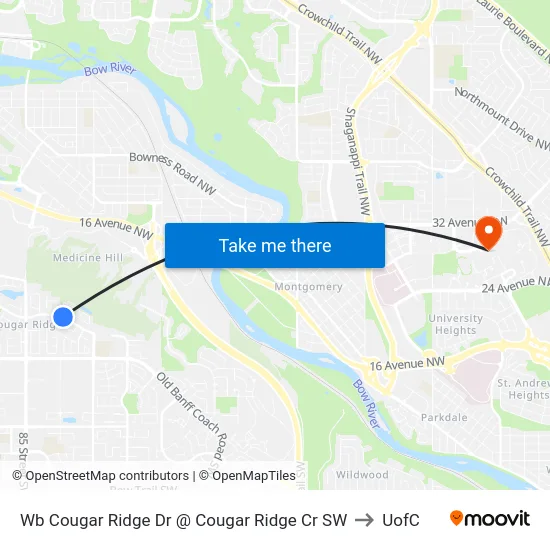 Wb Cougar Ridge Dr @ Cougar Ridge Cr SW to UofC map