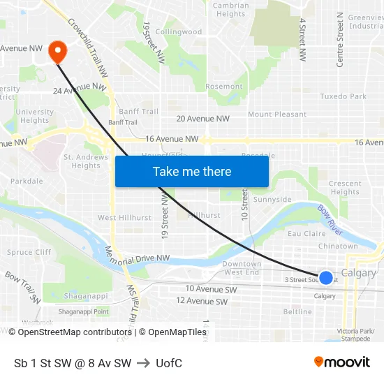 Sb 1 St SW @ 8 Av SW to UofC map