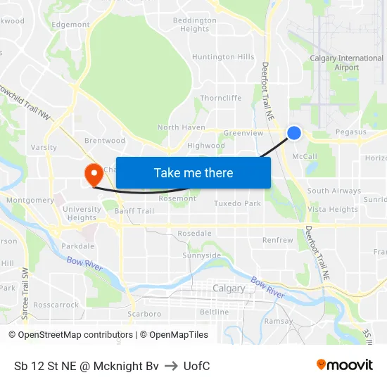 Sb 12 St NE @ Mcknight Bv to UofC map