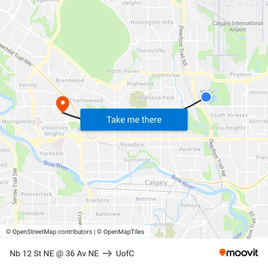 Nb 12 St NE @ 36 Av NE to UofC map