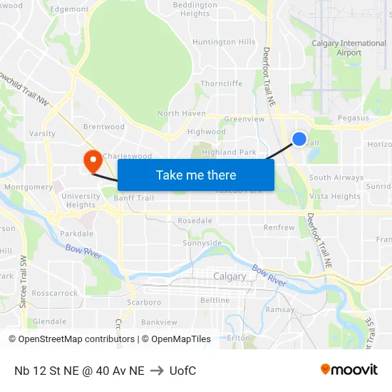 Nb 12 St NE @ 40 Av NE to UofC map