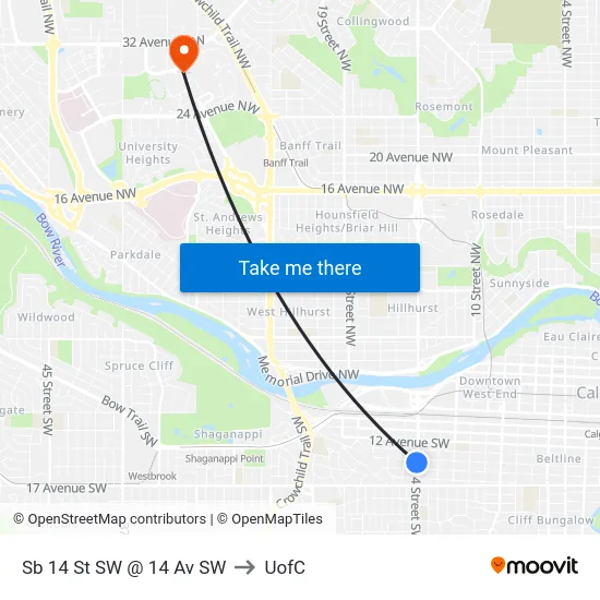 Sb 14 St SW @ 14 Av SW to UofC map