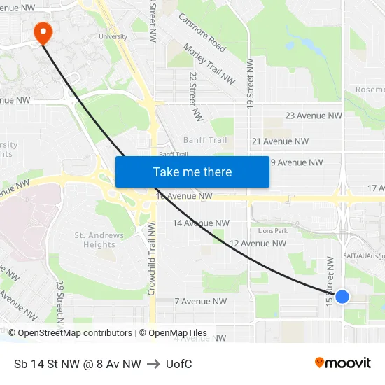 Sb 14 St NW @ 8 Av NW to UofC map