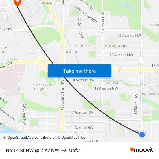 Nb 14 St NW @ 2 Av NW to UofC map