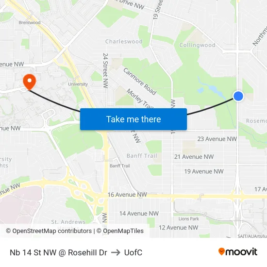 Nb 14 St NW @ Rosehill Dr to UofC map
