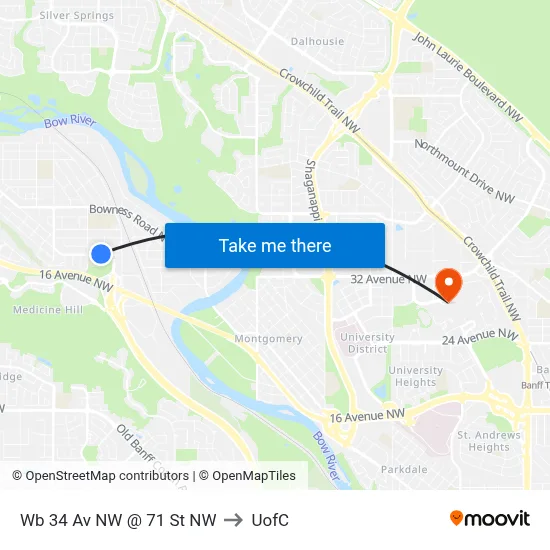 Wb 34 Av NW @ 71 St NW to UofC map